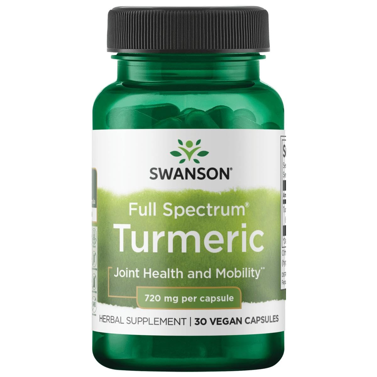 Swanson Turmeric 720 mg bottle front view, suggesting joint support potential and antioxidant benefits.