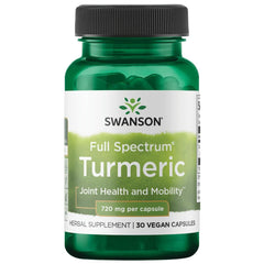 Swanson Turmeric 720 mg bottle front view, suggesting joint support potential and antioxidant benefits.