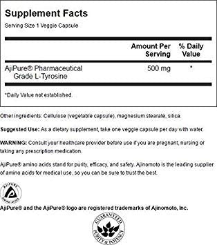 Swanson L-Tyrosine vegetarian capsules pack, convenient daily supplement for mindful energy.
