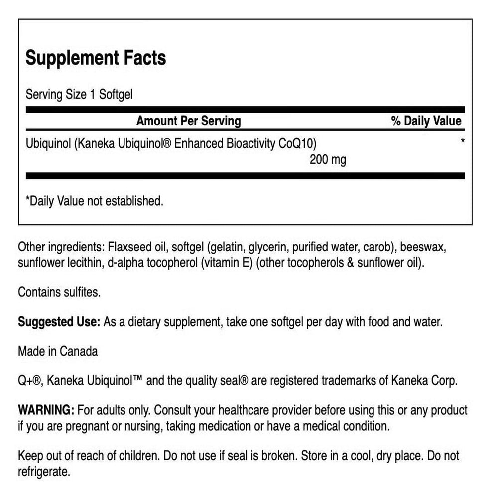 Close-up of Swanson ubiquinol 200mg softgels label highlights purity and potency.