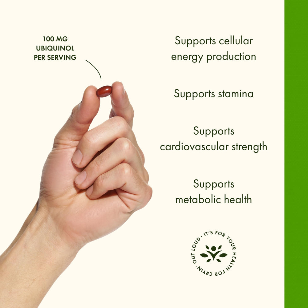 Swanson ubiquinol softgels being poured for convenient daily intake