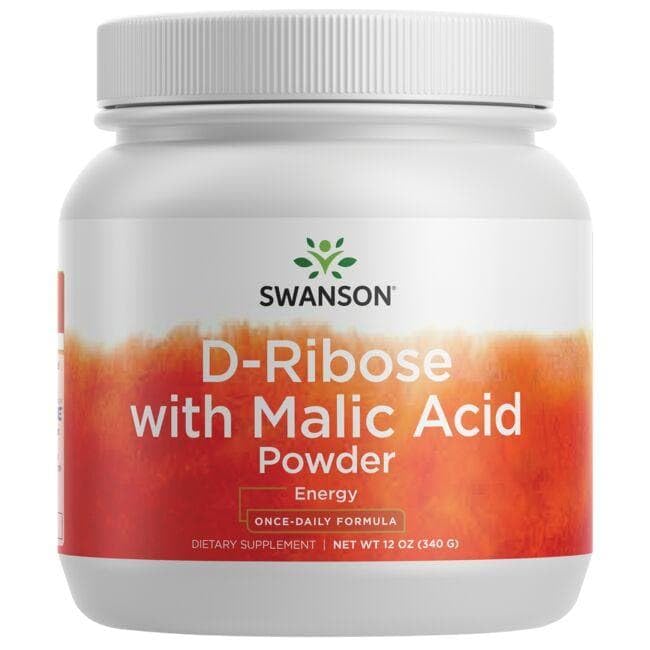 Swanson ULT D-RIBOSE with malic acid powder in a tub for easy daily use.