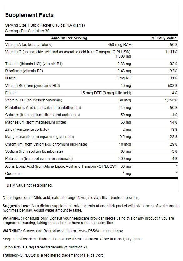 Swanson ULT Energy C with Electrolytes packet poured into a glass for fizz