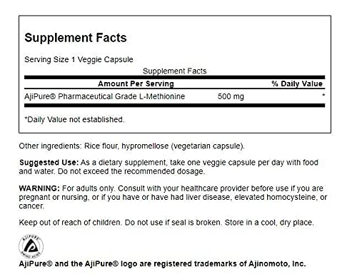 Swanson ULT L-Methionine AJI 500mg capsules close-up shows vegetarian, non-GMO formula.
