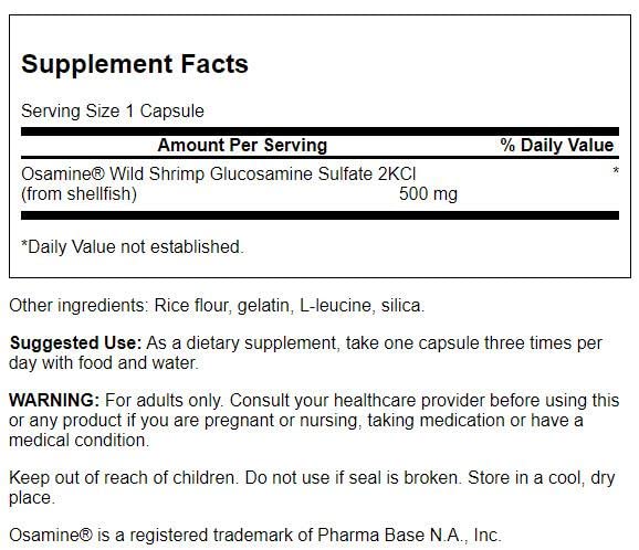 Close-up label of Swanson ULT Wild Shrimp Glucosamine highlighting non-GMO ingredients.