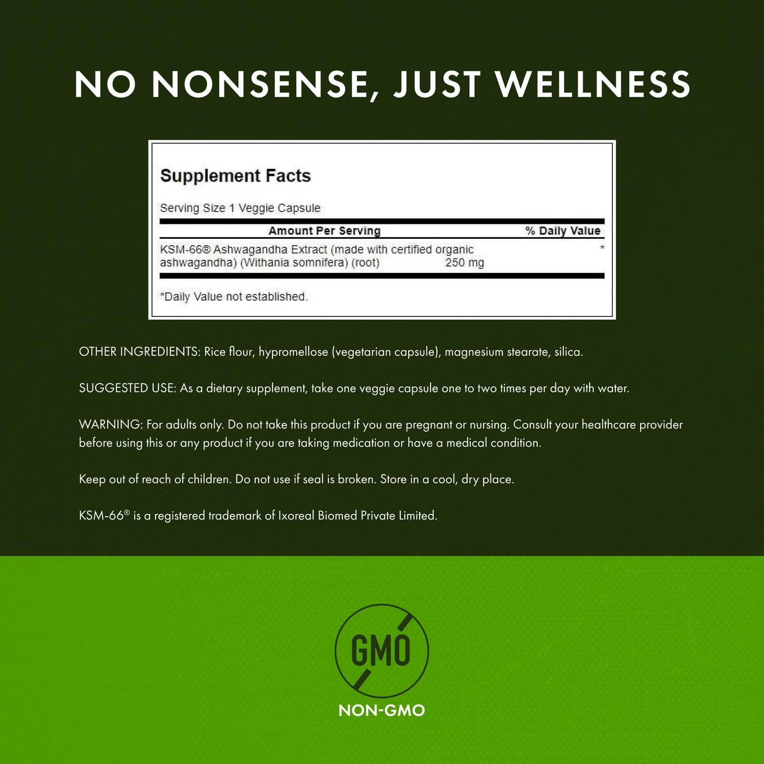 Swanson Ultimate Ashwagandha KSM-66 label highlights 250 mg per capsule.