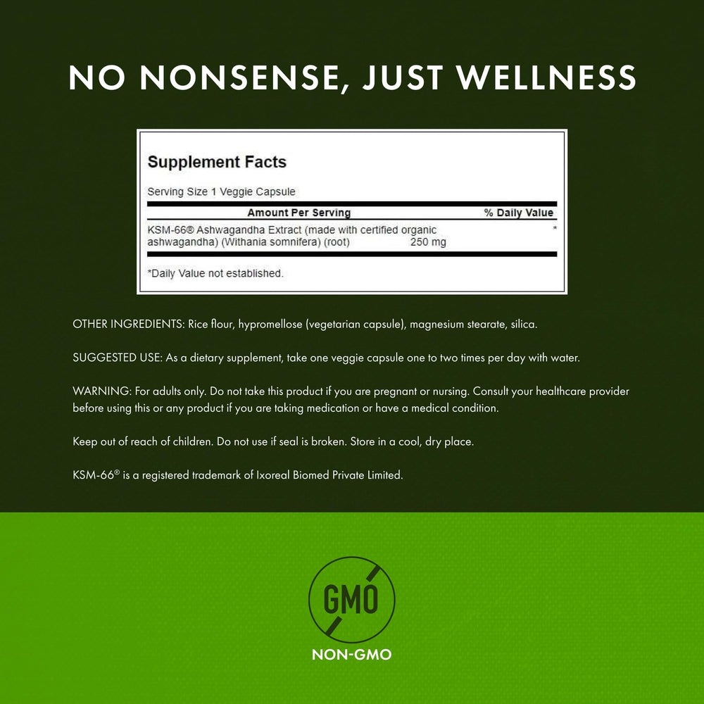Swanson Ultimate Ashwagandha KSM-66 label highlights 250 mg per capsule.