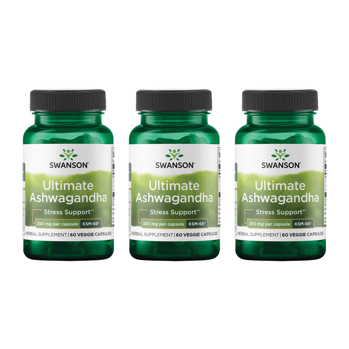 Swanson Ultimate Ashwagandha KSM-66 bottle with 60 capsules for daily stress support.