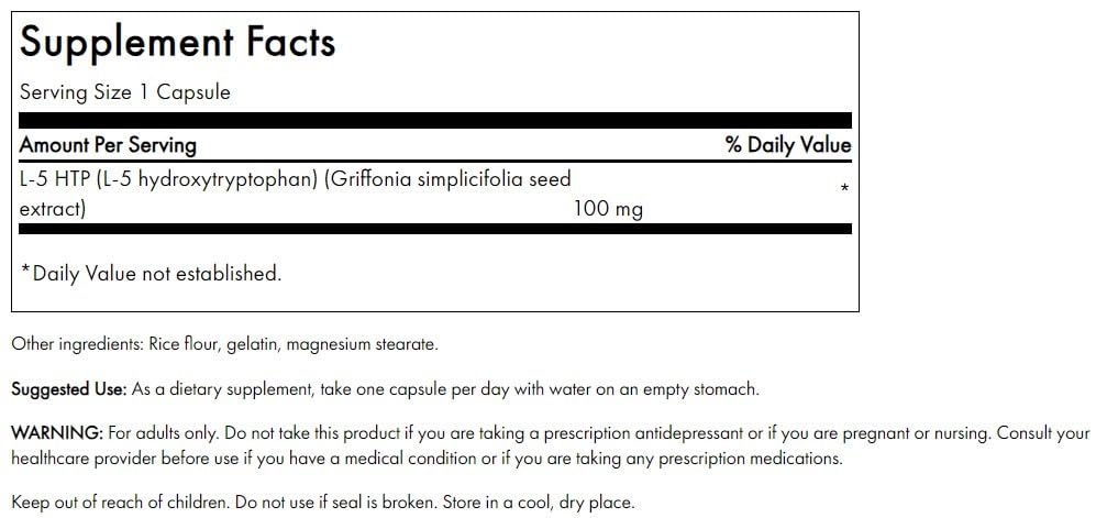 Close-up of Swanson Ultra 5-HTP capsules highlighting convenient daily dosage