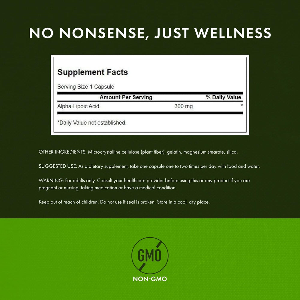 Swanson Ultra Alpha Lipoic Acid 300 mg label with dose and ingredients.