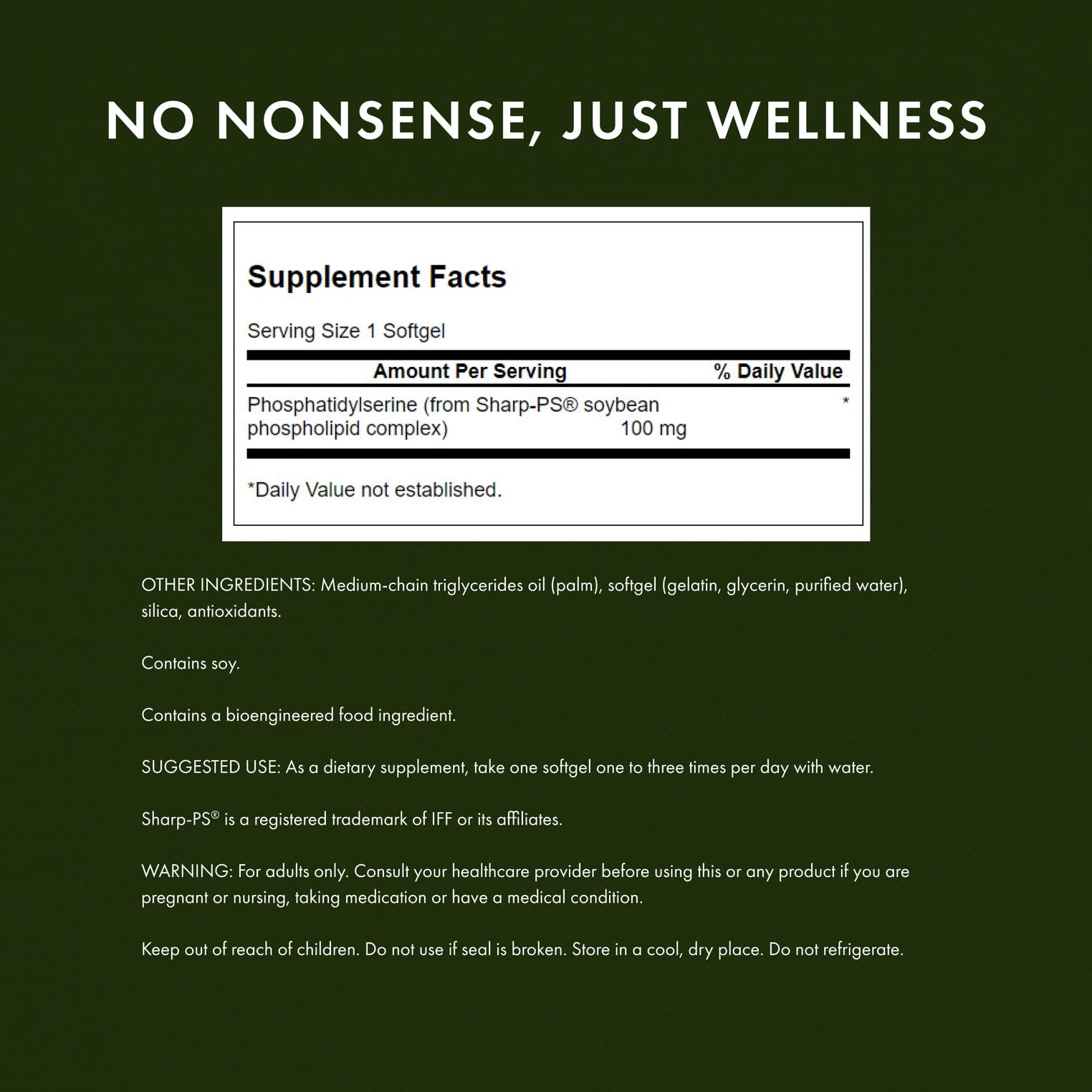 Swanson Ultra phosphatidylserine 100 mg label showing purity and potency details
