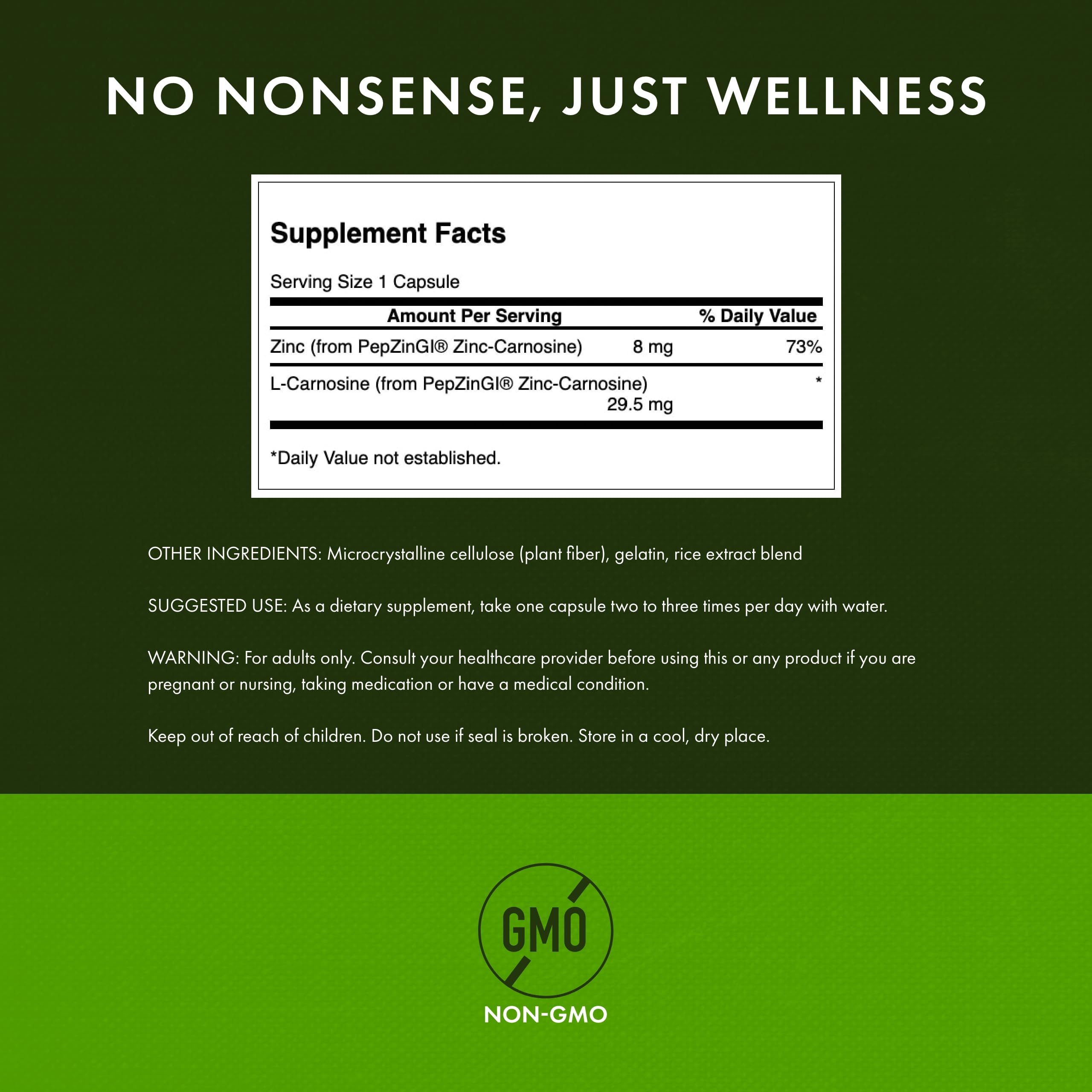Swanson Ultra Zinc Carnosine capsules close-up highlighting PepZinGI formula.