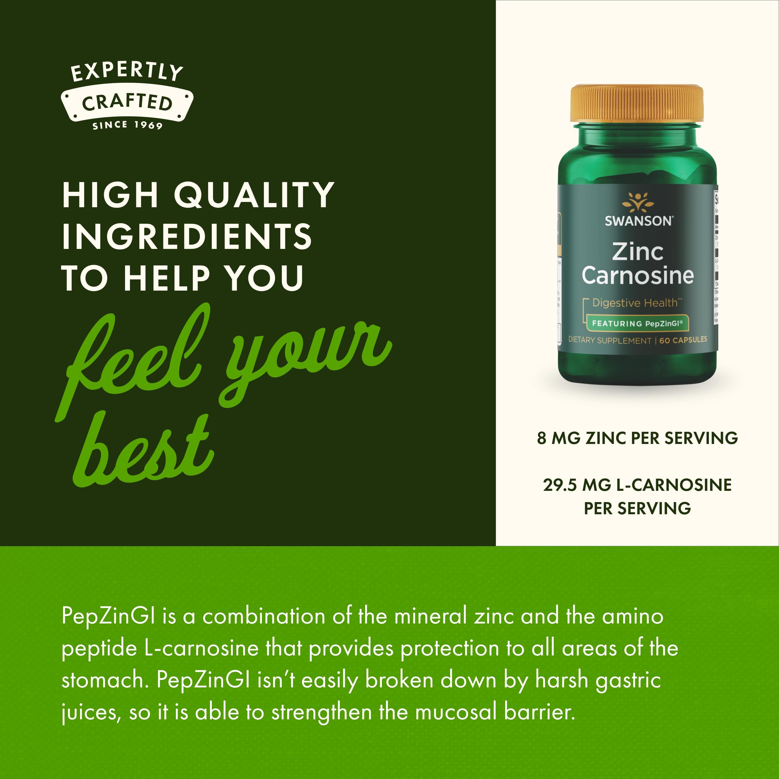 Swanson Ultra Zinc Carnosine packaging back with usage directions for stomach support.