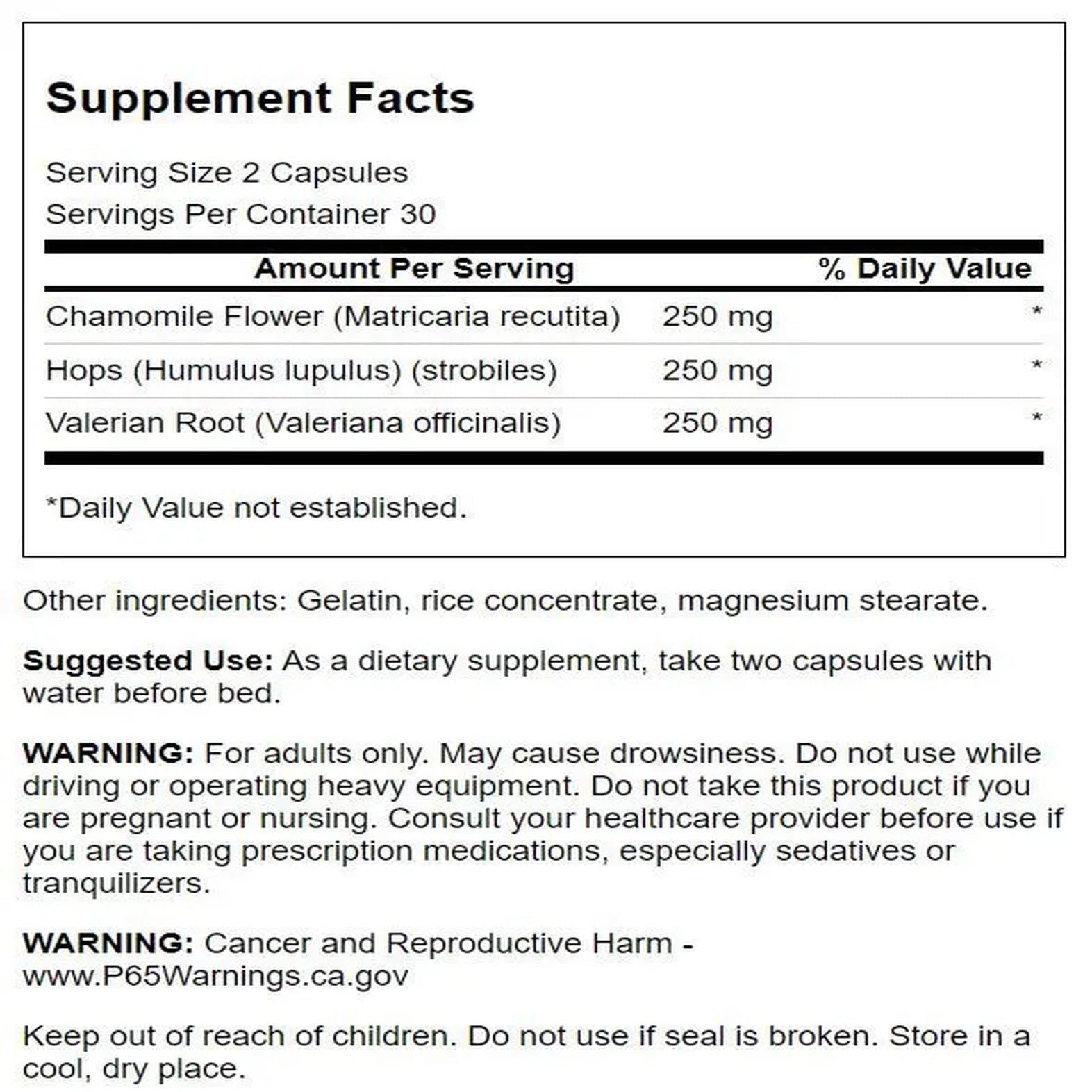 Swanson Valerian Chamomile Hops capsules support calm pre-sleep routine.
