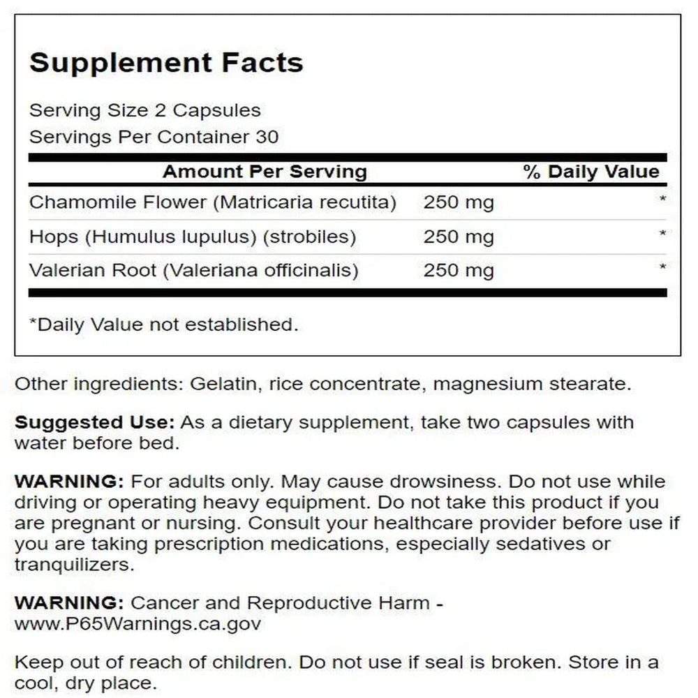Swanson Valerian Chamomile Hops capsules support calm pre-sleep routine.