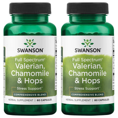 Swanson valerian chamomile hops capsules in bottle for nightly relaxation.