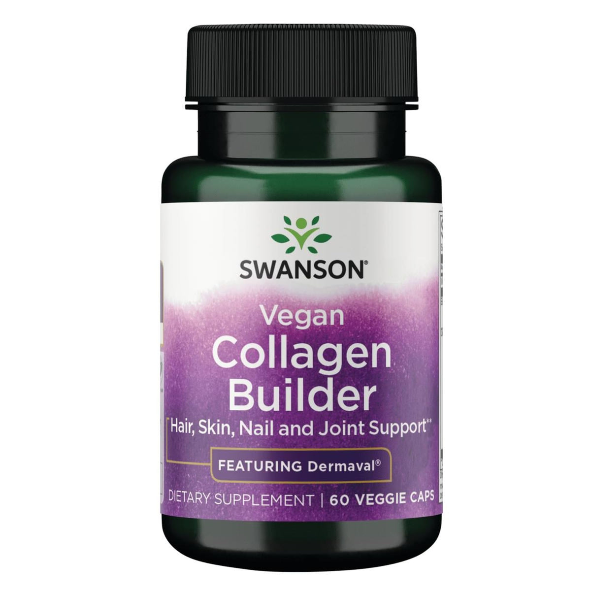 Swanson Vegan Collagen Builder Dermaval bottle close-up supports hair, skin, and nails.