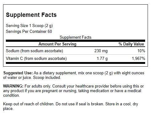 Swanson VIT C sodium ascorbate label highlights mineral buffering for stomach comfort.