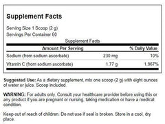Swanson VIT C sodium ascorbate label highlights mineral buffering for stomach comfort.