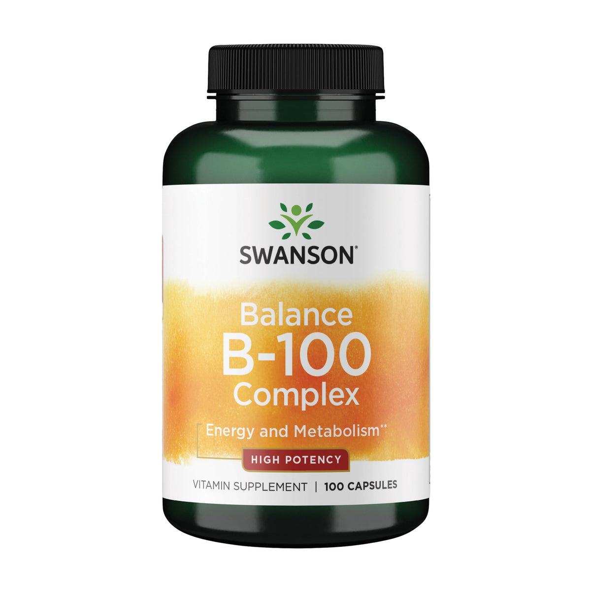 Swanson Vitamin B-100 bottle close-up showing energy metabolism capsules.