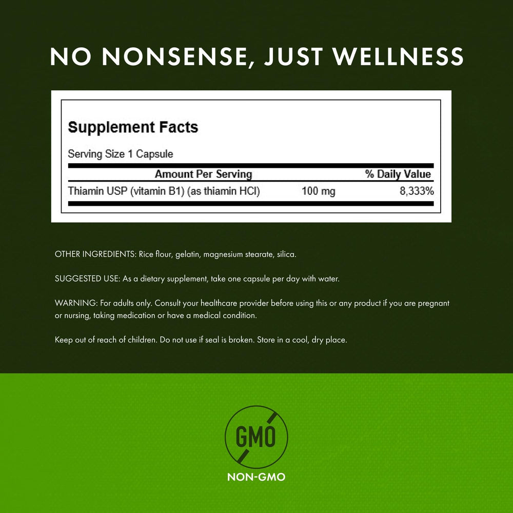 Swanson Vitamin B1 bottle front displays a reliable daily metabolism support