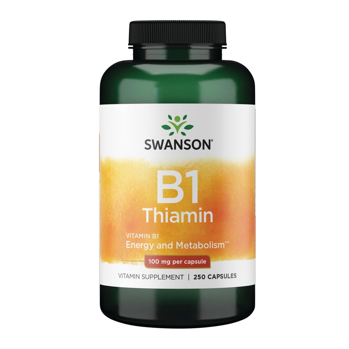 Swanson Vitamin B1 bottle label shows high-potency thiamin for energy support