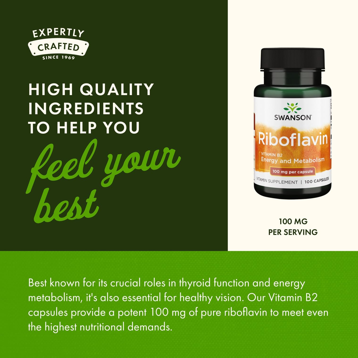 Swanson Vitamin B2 capsules beside energy visuals for daily support.