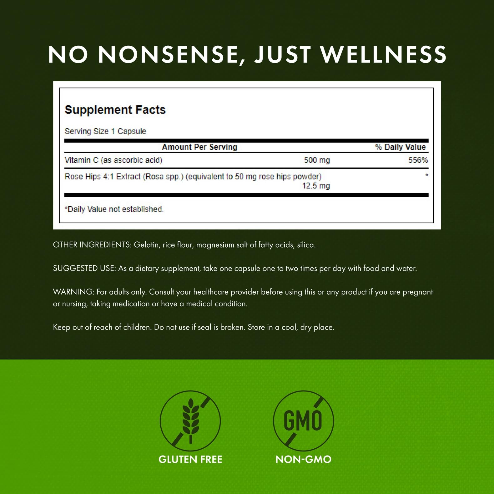 Rose hips ingredient detail in Swanson Vitamin C 500 highlights natural vitamin source.