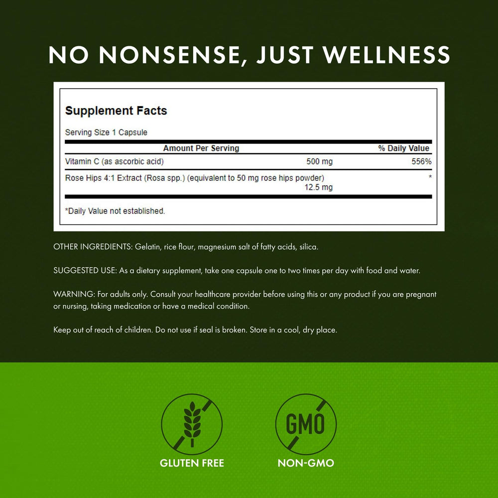 Rose hips ingredient detail in Swanson Vitamin C 500 highlights natural vitamin source.