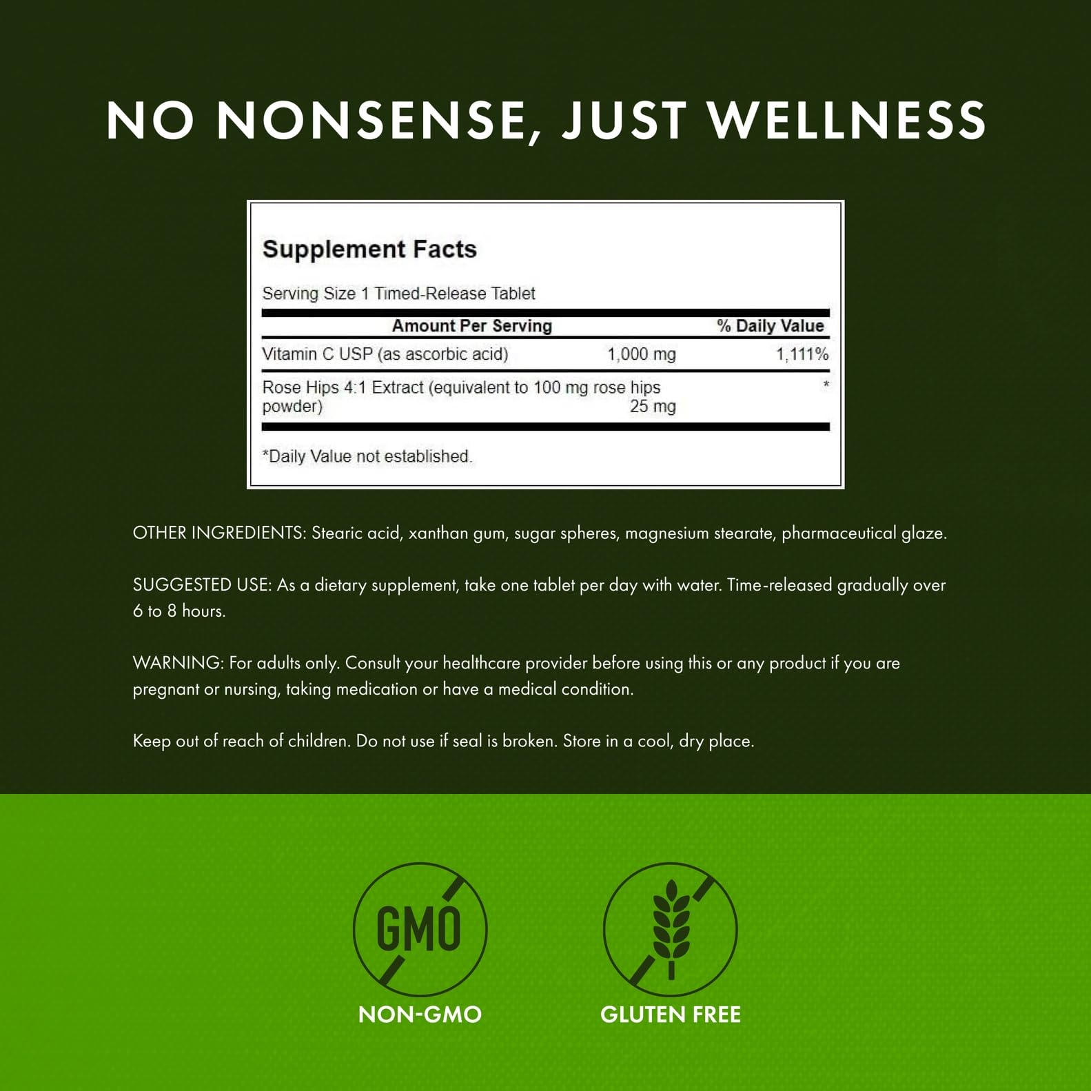 Swanson Vitamin C label close-up highlighting rose hips and 1000 mg dosage.