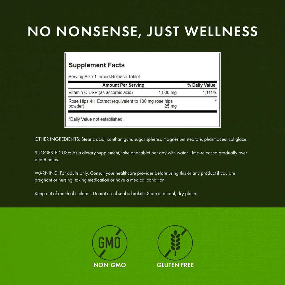 Swanson Vitamin C label close-up highlighting rose hips and 1000 mg dosage.