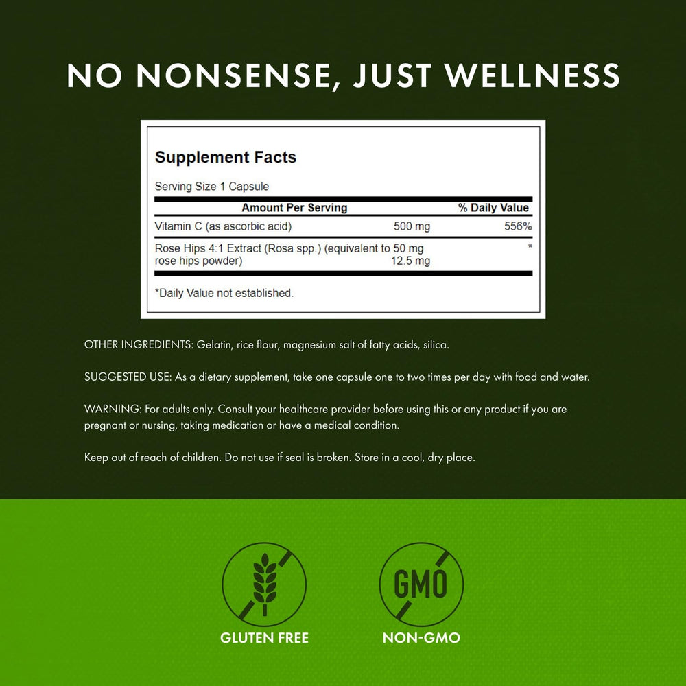 Swanson Vitamin C Rose HIPS label close-up emphasizing plant-based full-spectrum ingredients