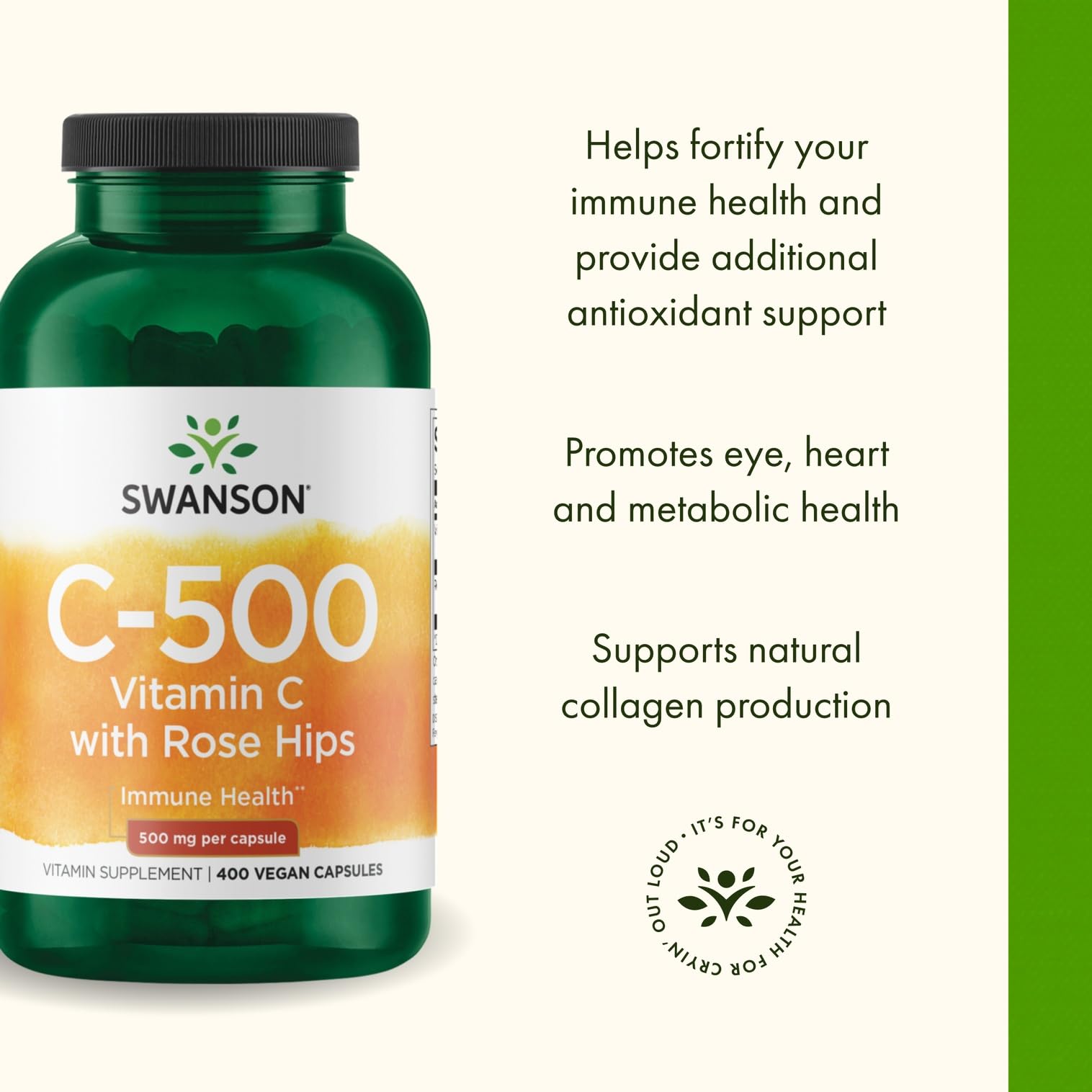 Swanson Vitamin C Rose HIPS packaging close-up showcasing GMP-certified quality and purity
