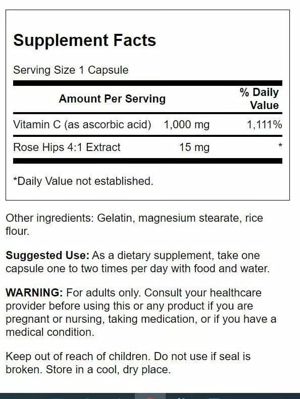 Swanson Vitamin C with Rose Hips bottle, close-up, highlights 1000 mg per capsule.