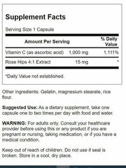 Swanson Vitamin C with Rose Hips bottle, close-up, highlights 1000 mg per capsule.