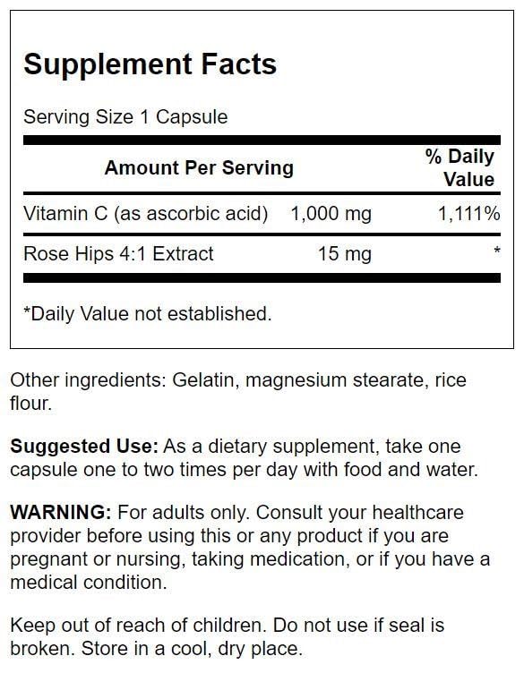 Swanson Vitamin C with Rose HIPS capsules for daily antioxidant support.