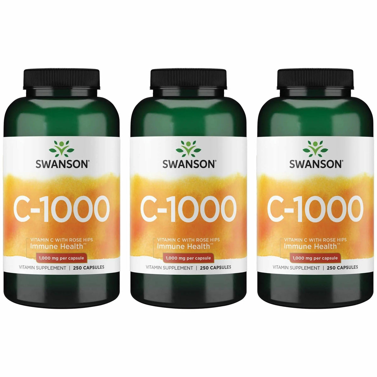 Swanson Vitamin C with Rose Hips immune caplets, front view, supports immune defenses.