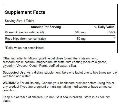 Swanson Vitamin C with Rose Hips label highlights ingredients and plant-based formula.