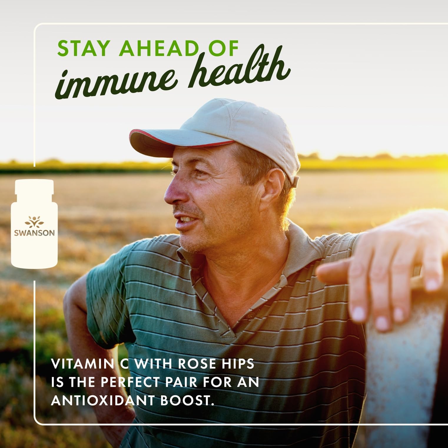Swanson Vitamin C with Rose Hips label close-up highlighting rose hips and high dose vitamin C.