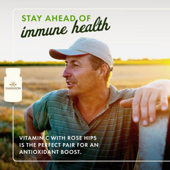 Swanson Vitamin C with Rose Hips label close-up highlighting rose hips and high dose vitamin C.