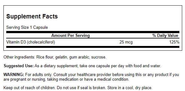 Swanson Vitamin D-3 1000 IU capsules for daily bone health and cardiovascular support.