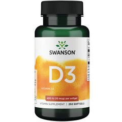 Swanson Vitamin D3 400 IU bottle with 250 capsules supporting daily calcium absorption.