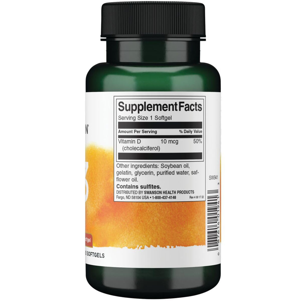Swanson Vitamin D3 400 IU capsules close-up highlighting easy daily supplementation.