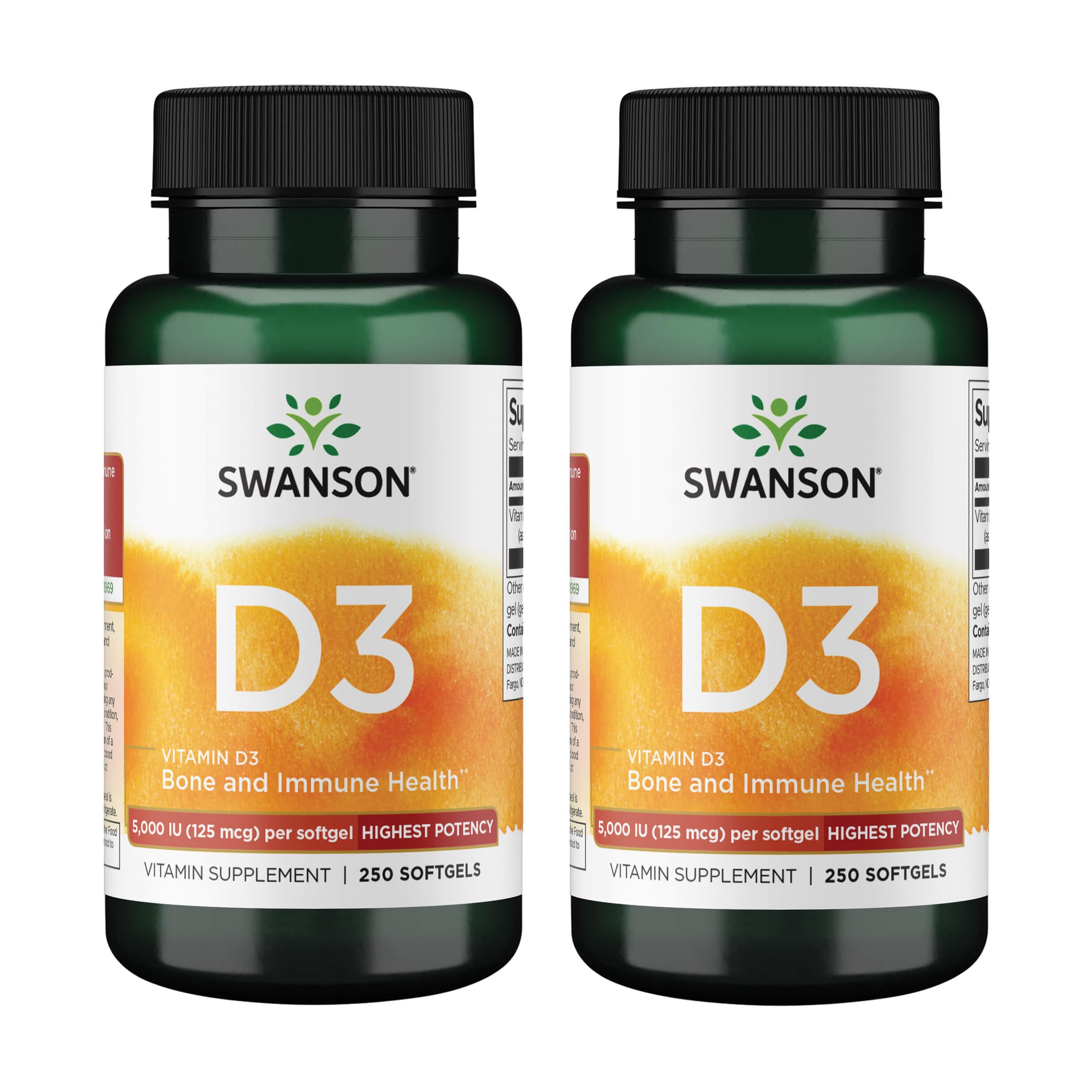 Swanson Vitamin D3 softgels bottle close-up showing bone support potential