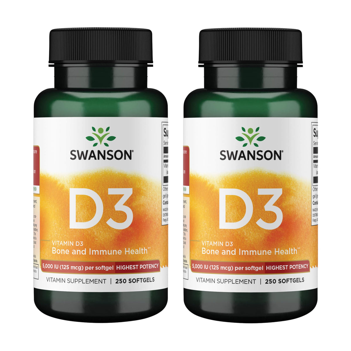 Swanson Vitamin D3 softgels bottle close-up showing bone support potential