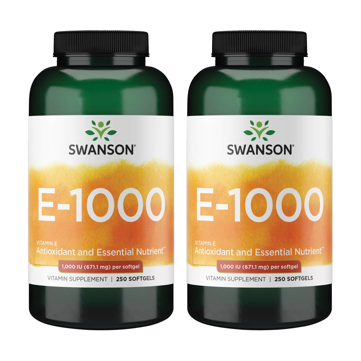Swanson Vitamin E 1000 IU bottle front highlighting antioxidant support.