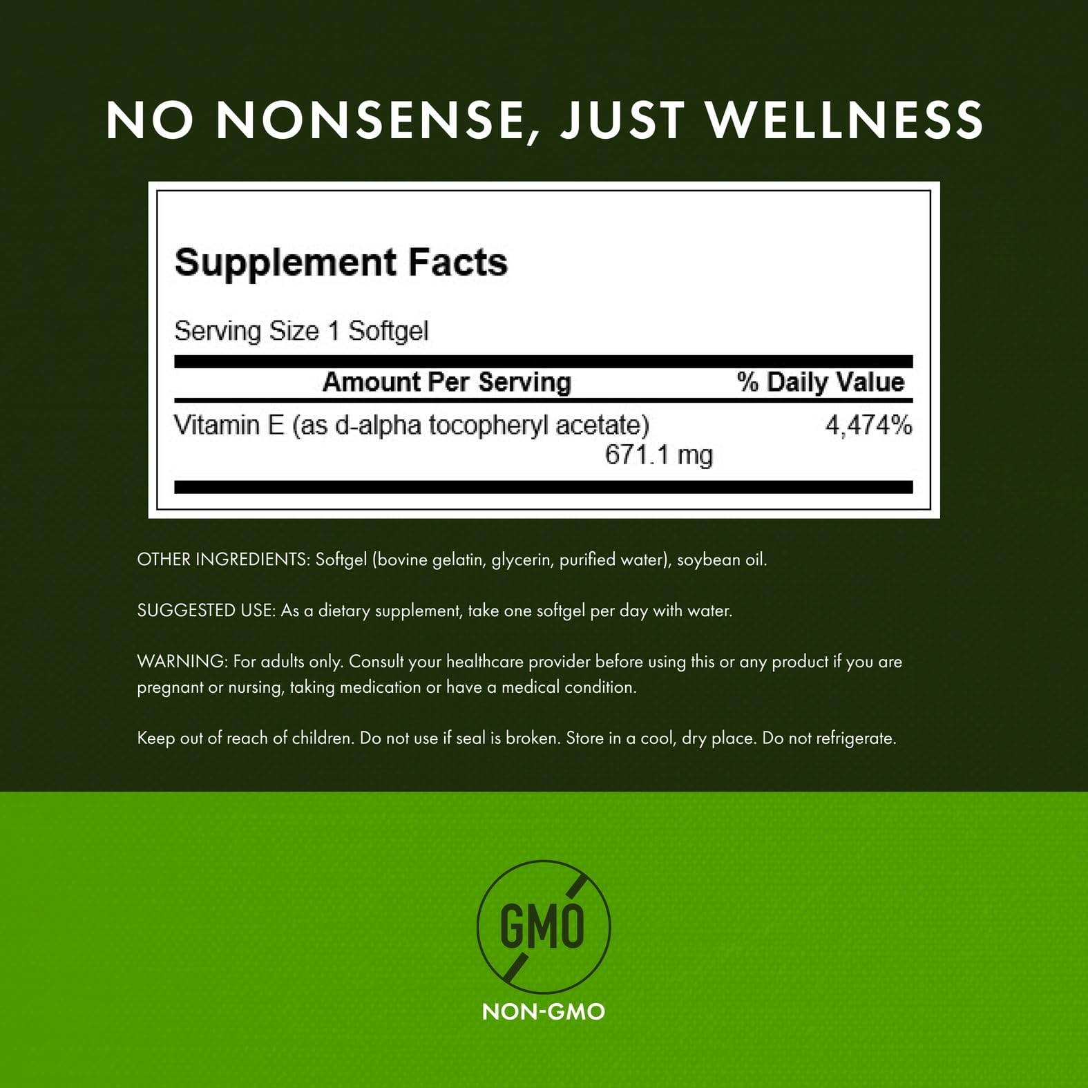 Close-up of Swanson Vitamin E 1000 IU label with full spectrum blend.