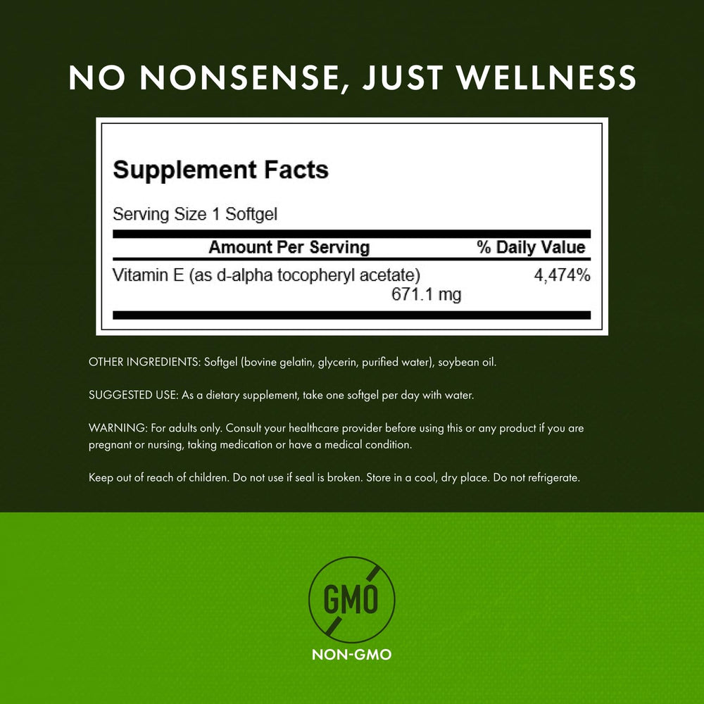 Close-up of Swanson Vitamin E 1000 IU label with full spectrum blend.