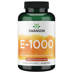 Swanson Vitamin E 1000 IU softgels bottle front — convenient daily antioxidant support.