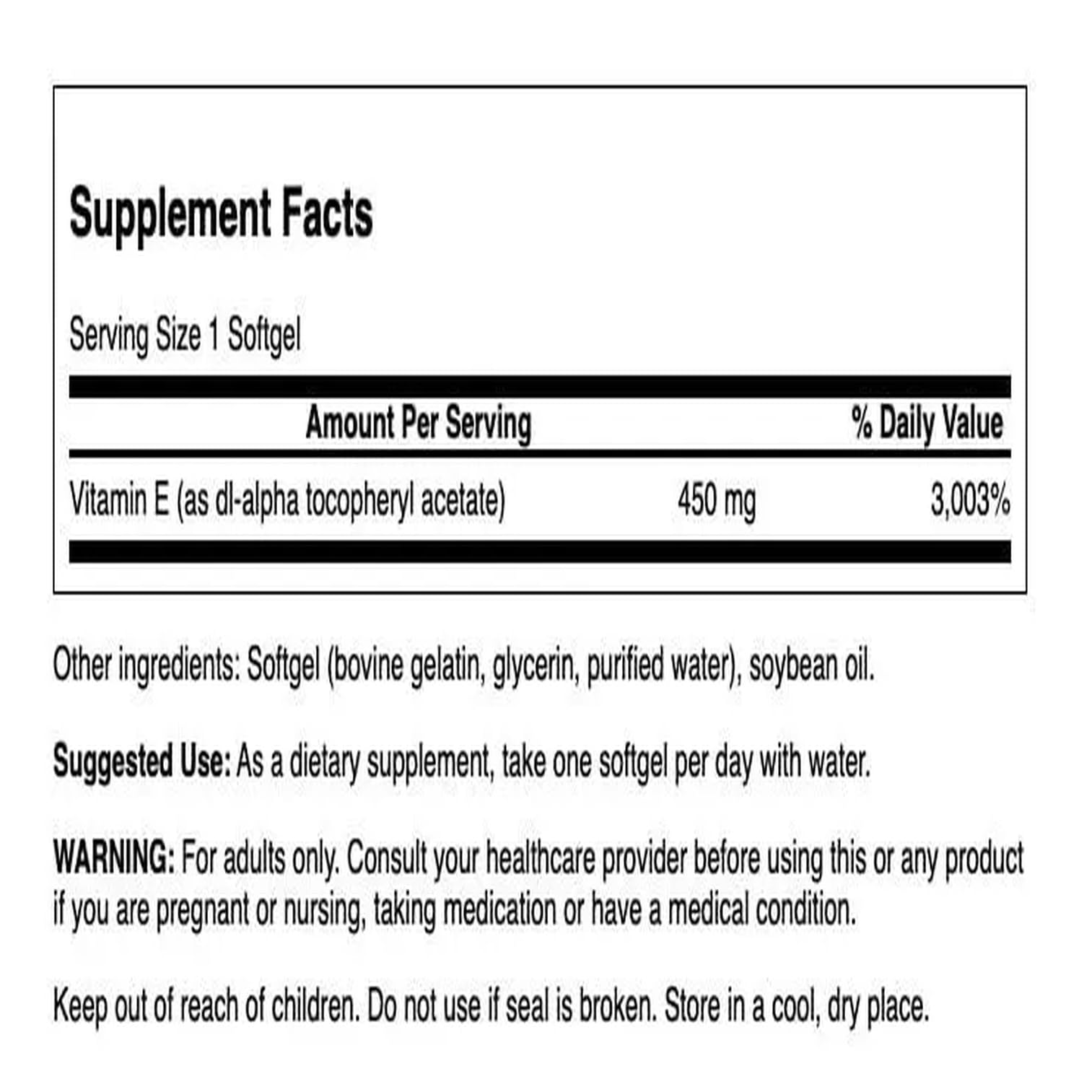Swanson Vitamin E 1000 IU softgels bottle side — easy-to-swallow design.